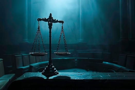 A scale of justice is illuminated in a dimly lit courtroom.