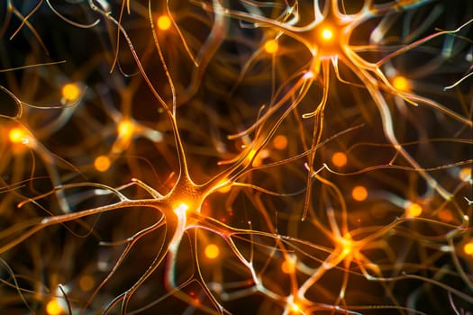Neurons interconnected with bright signals representing brain activity.
