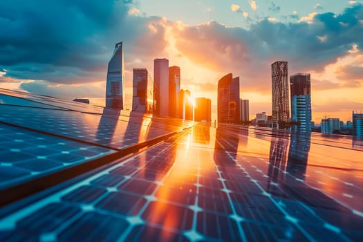 A solar panel captures sunlight as the sun sets in the background.