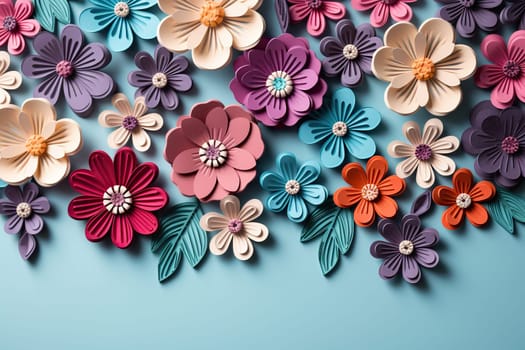 Spring, summer blue background with cut paper style flowers and place for text.