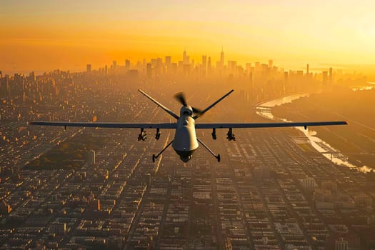 Military airplane soars over a city as the sun sets, creating a striking silhouette against the colorful evening sky.