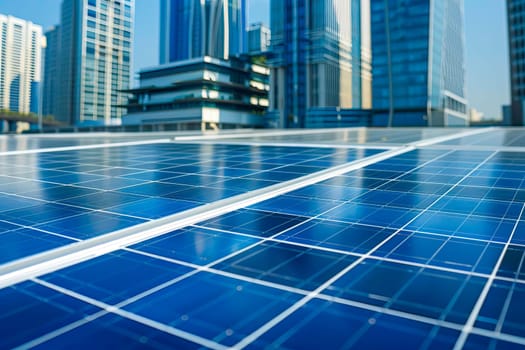 Solar panel close up in a modern city with towering skyscrapers in the background.