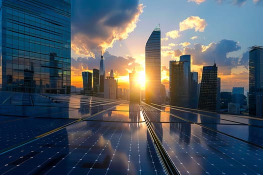 The sun sets over a modern city skyline filled with skyscrapers and solar panels.