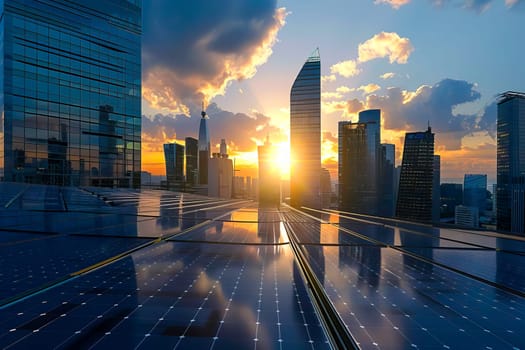 The sun sets over a modern city skyline filled with skyscrapers and solar panels.