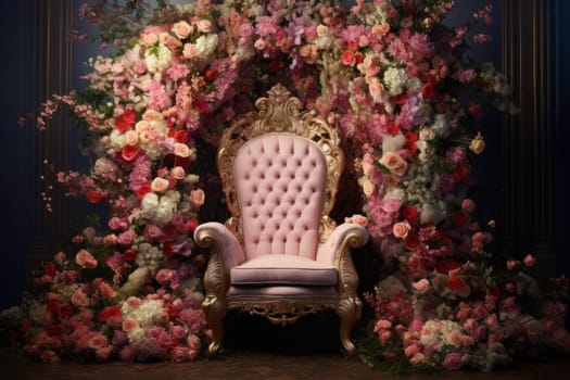Elegant Black queen flowers throne. Model shine art. Generate Ai