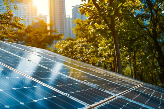 A close-up view of solar panels on the roof of a modern city building.