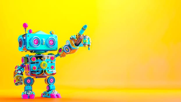 Colorful toy robot pointing against a bright yellow backdrop.