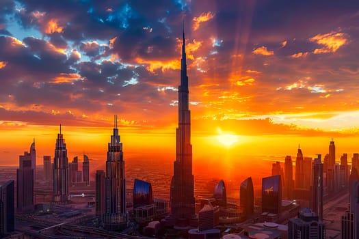 The sun sets over a cityscape with tall buildings in an aerial view.