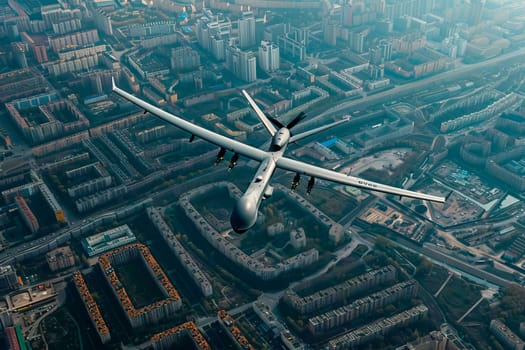 Military airplane soars above a bustling city, showcasing the urban landscape beneath.