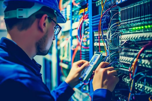 A professional IT specialist in a hard hat focusing on working on a server.