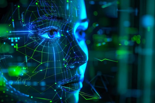 Close-up of a womans face with intricate lines and dots, portraying a concept of artificial intelligence. Blue light highlights the features.