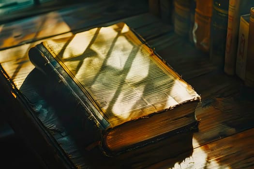 A holy Bible rests on a wooden table in a simple setting.