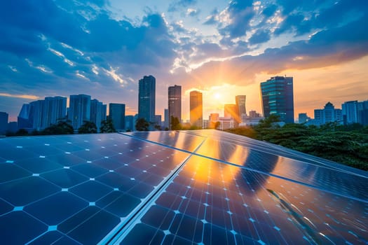 A solar panel collecting energy with the setting sun in the background.