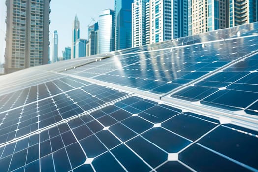 Close up of solar panels in front of modern city skyscrapers.