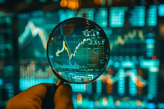 Close-up view of a hand holding a magnifying glass, analyzing a detailed stock chart for financial data.