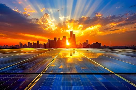 A solar panel absorbing sunlight with the sun setting in the background.