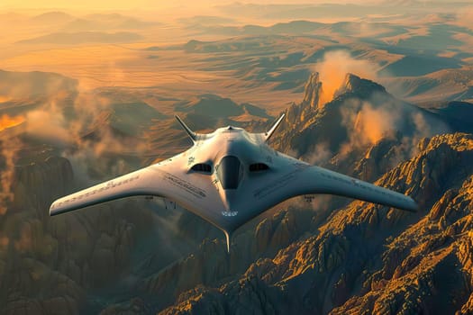 A military aircraft flies over a vast desert landscape under a clear sky.