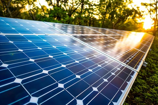 A close-up view of a solar panel with sunlight shining through, set against a modern city backdrop.