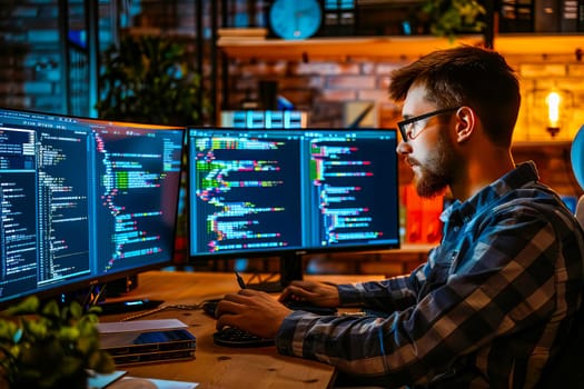 IT specialist concentrating on tasks displayed on three computer screens.