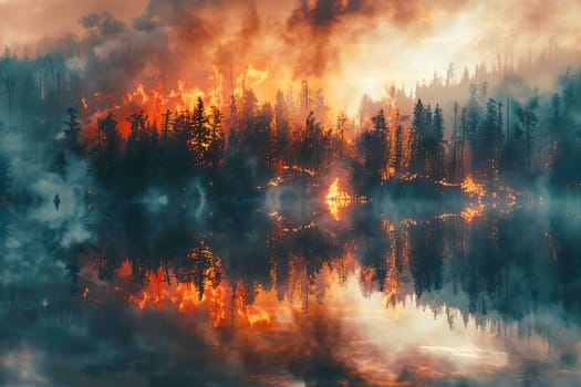 Painting depicting a forest with a lake in the foreground.