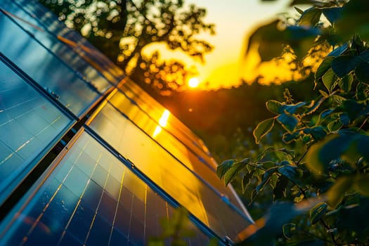 A detailed view of a solar panel with the sun setting in the background against a backdrop of green trees.