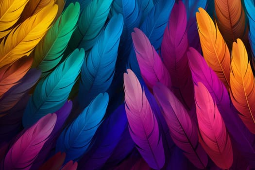 Exotic Rainbow feathers pattern. Nature wild. Generate Ai