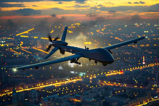 Military airplane is seen soaring over a city landscape during the dark hours of the night