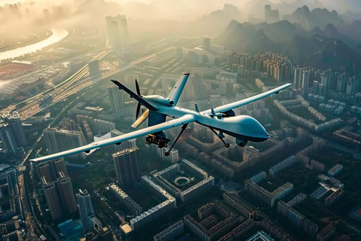 A large military unmanned airplane flying above a cityscape.