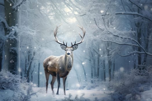 Serene Reindeer snowy forest. Forest snow cold season outdoor. Generate Ai