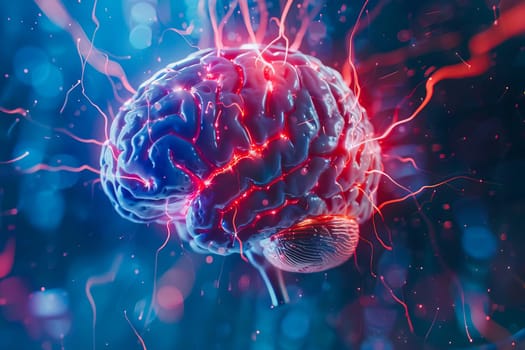Close-up of human brain with red and blue lights symbolizing neurons firing.