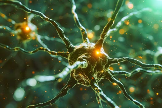 Detailed view of firing neurons in the human brain, showing intricate connections and activity.