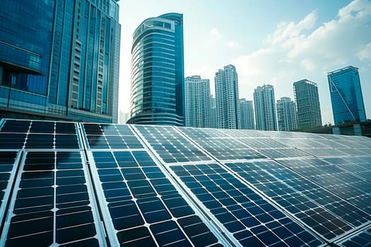 Solar panels on a buildings roof with skyscrapers in the background, utilizing clean energy in an urban setting.