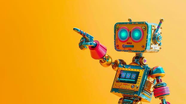 Colorful toy robot pointing at something on a vibrant yellow background.