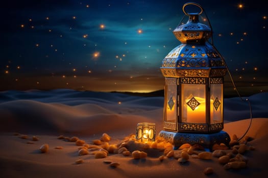 Mystical Ramadan lantern in dark desert. Muslim traditional religious candle fasting holy month. Generate ai