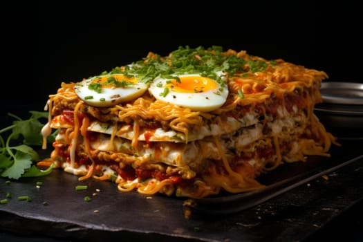 Mouthwatering Ramen lasagna food on table. Italian dish with tomato sauce and cheese. Generate Ai