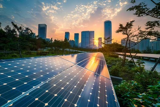 Solar panel installation on a roof at sunset with the sun in the background, providing renewable energy.