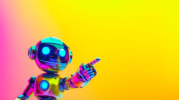 A cute, positive robot pointing at something with a bright yellow background.