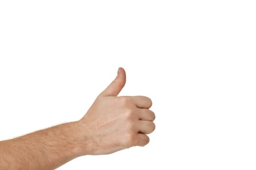 male hand showing thumbs up gesture on white background