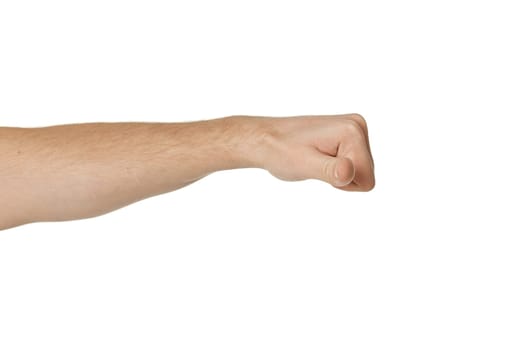 male hand showing thumbs down sign on white background