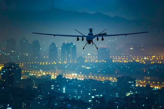 Military unmanned airplane soaring over city lights during the night.