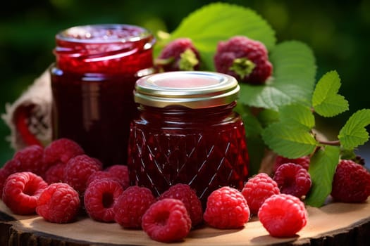 Spreadable Raspberry jam. Berry leaves jelly. Generate Ai