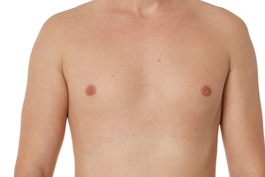 Muscular male torso and chest on white background, close-up
