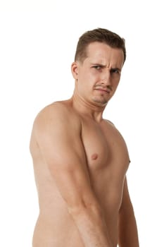 young man showing his bicep over white background