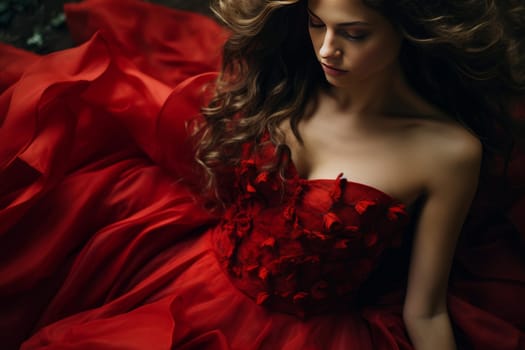 Vibrant Brunette model red love dress. Evening girl. Generate Ai