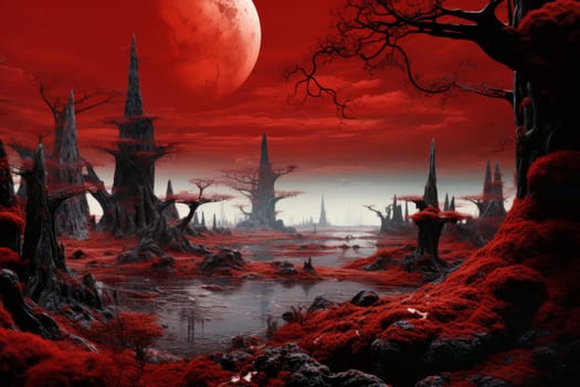 Surreal Red fantasy landscape. Star night. Generate Ai