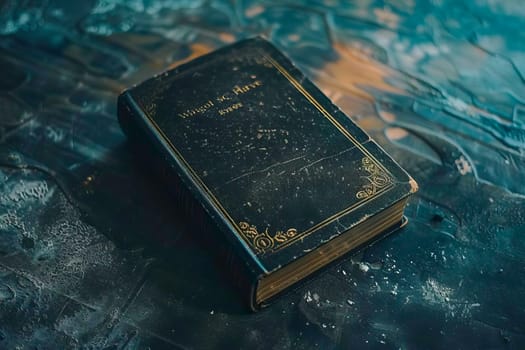 An aged book resting on top of a wooden table.