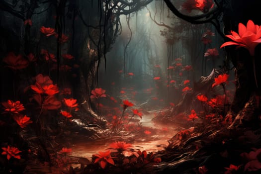 Dense Red flowers dark jungle. Color beauty. Generate Ai