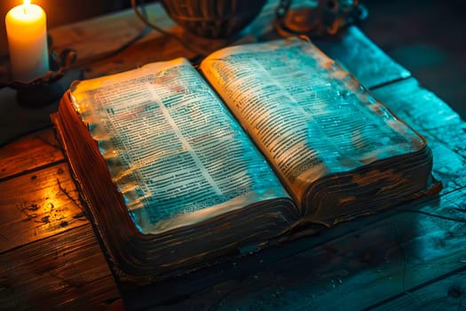 An open book rests on a wooden table next to a candle, casting a warm glow.