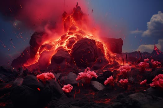 Explosive Red flowers volcano. Fauna beauty. Generate Ai