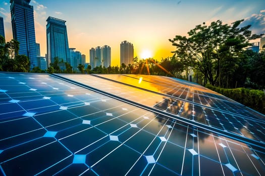 Solar panel capturing sunlight against setting sun backdrop.